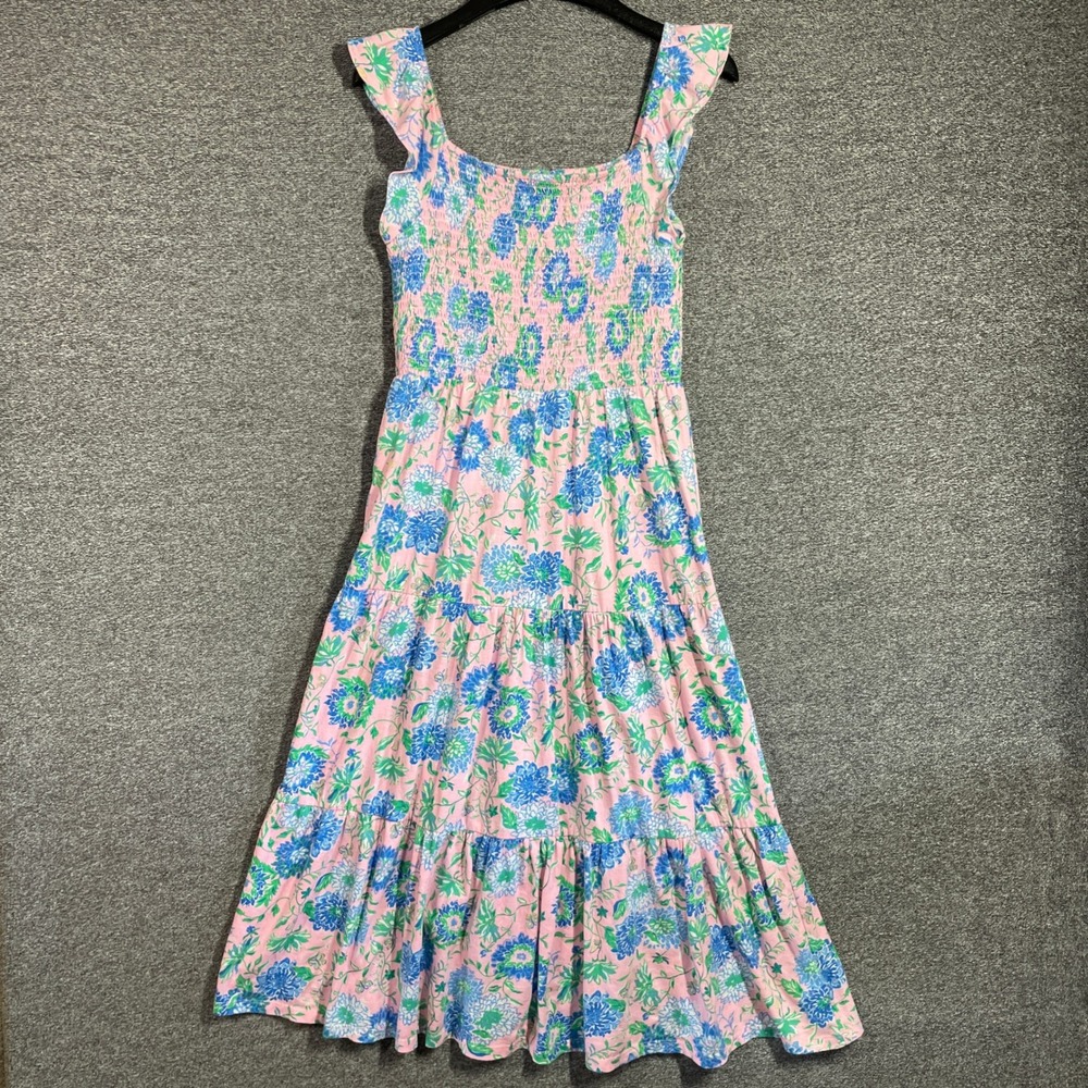 Lilly Pulitzer Dress XL Pink Blue Floral Smocked Tiered Midi Cotton Flutter